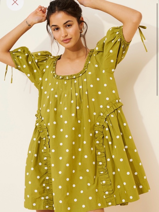 Damson Madder Dresses & Skirts - Polka Dot Ruffle Mini Dress - Olive Green